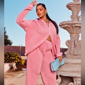 Plus Dusty Pink Plisse Button Front Oversized Shirt